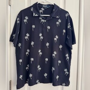 Polo Ralph Lauren 100% Cotton Collared Golf Shirt Palm Tree Blue Tropical Men Lg